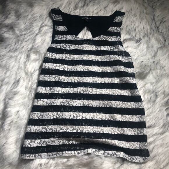 Express Sleeveless Floral Lace Black & White Striped Emo Tank Top - Picture 3 of 7